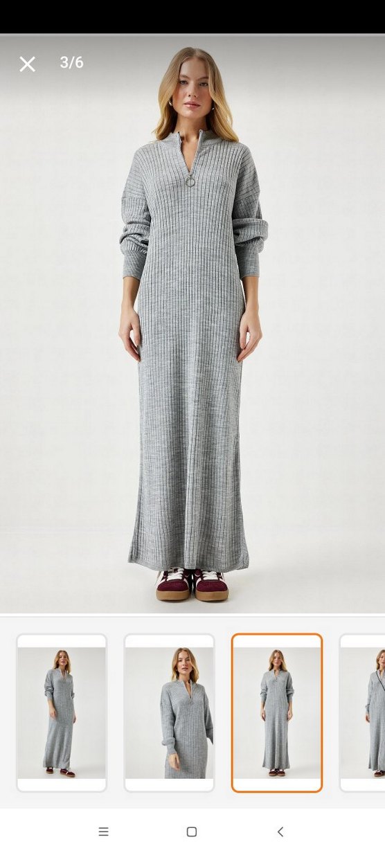 Gri Yüksek Yaka Triko Uzun Elbise - Görsel 3