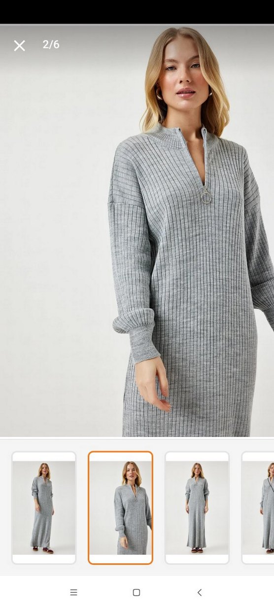 Gri Yüksek Yaka Triko Uzun Elbise - Görsel 2