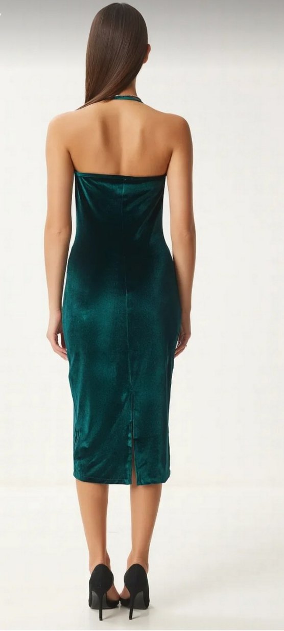 kadife Drapeli V Yaka Uzun Turkuaz Kadın Elbise - Görsel 4