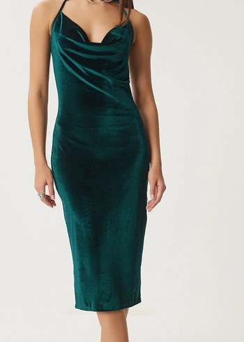 kadife Turkuaz Drapeli Uzun Elbise - Görsel 4