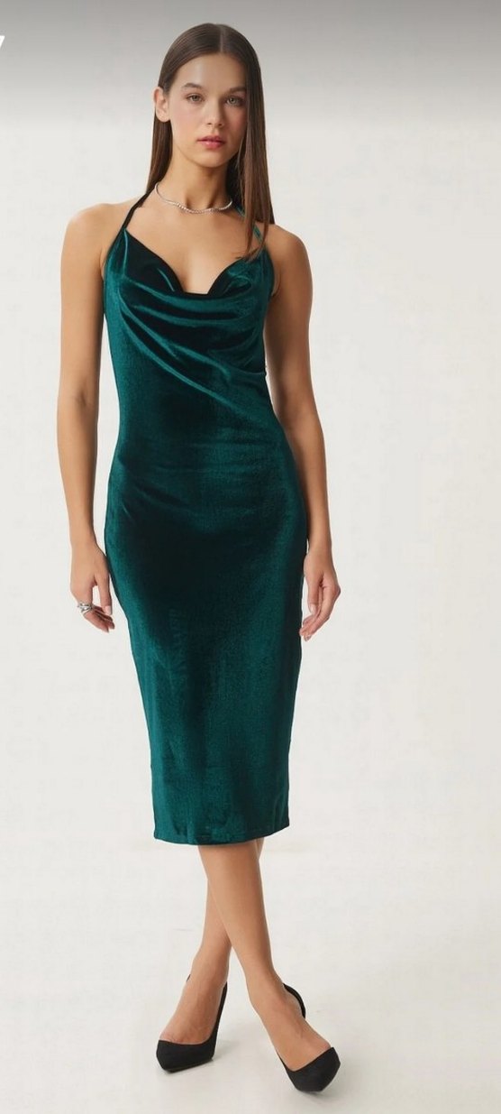 kadife Turkuaz Drapeli Uzun Elbise - Görsel 4