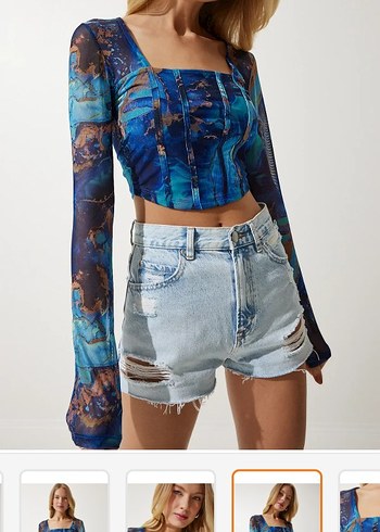 Kadın Mavi Batik Desenli Korse Bluz - Görsel 2