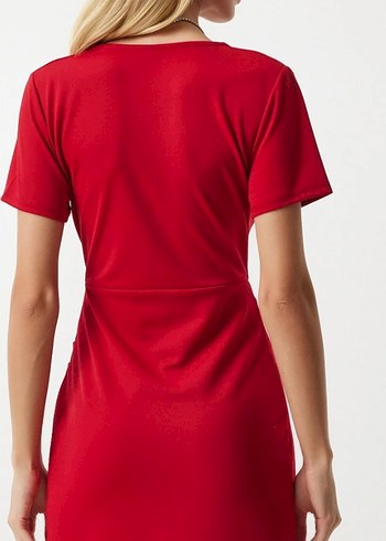 Kısa Kollu, broşlu Kırmızı Midi Kalem Elbise - Görsel 4