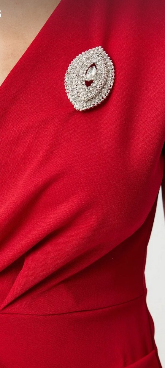 Kısa Kollu, broşlu Kırmızı Midi Kalem Elbise - Görsel 3