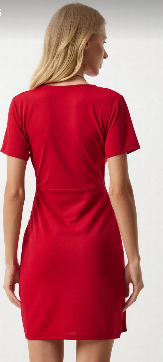 Kısa Kollu, broşlu Kırmızı Midi Kalem Elbise - Görsel 4