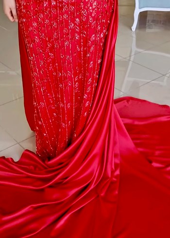 Demonte saten etekli boncuk işlemeli kırmızı abiye kına elbisesi - Görsel 4