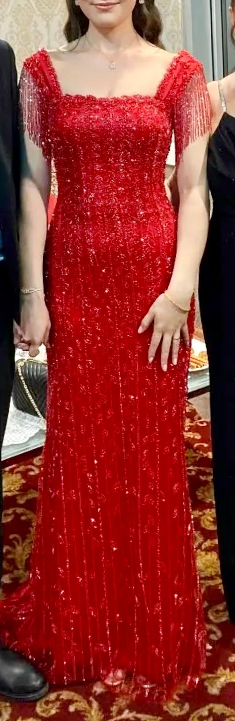 Demonte saten etekli boncuk işlemeli kırmızı abiye kına elbisesi - Görsel 3