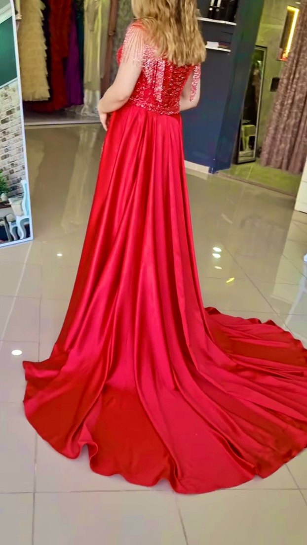 Demonte saten etekli boncuk işlemeli kırmızı abiye kına elbisesi - Görsel 2