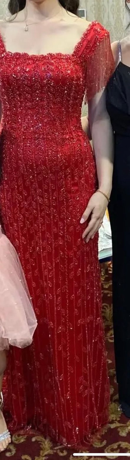 Demonte saten etekli boncuk işlemeli kırmızı abiye kına elbisesi - Görsel 5