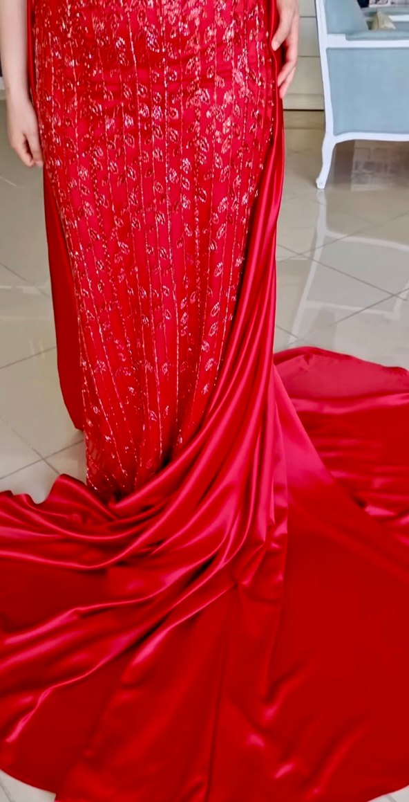 Demonte saten etekli boncuk işlemeli kırmızı abiye kına elbisesi - Görsel 4