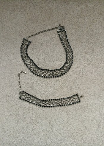 Gri Uzun Zincir Detaylı Bohem Kolye bileklik takım - Görsel 5