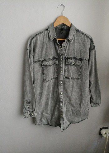 Gri Kadın Denim Gömlek Düğmeli Rahat Kesim - Görsel 9