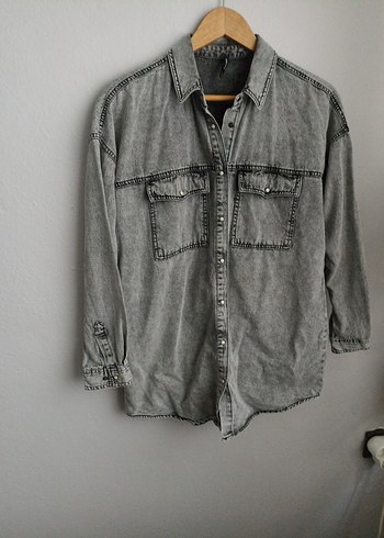 Gri Kadın Denim Gömlek Düğmeli Rahat Kesim - Görsel 8