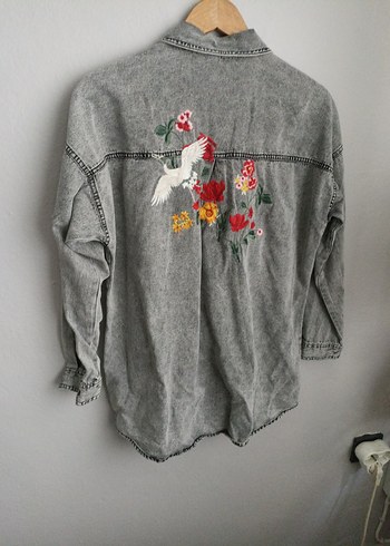 Gri Kadın Denim Gömlek Düğmeli Rahat Kesim - Görsel 7