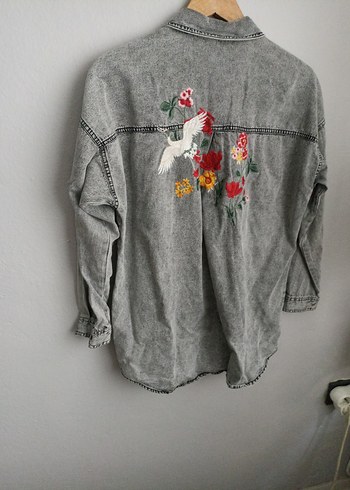 Gri Kadın Denim Gömlek Düğmeli Rahat Kesim - Görsel 12