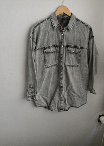 Gri Kadın Denim Gömlek Düğmeli Rahat Kesim - Görsel 10