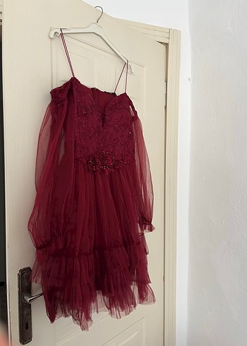 l Beden Bordo Mini Drapeli İşlemeli Abiye Elbise