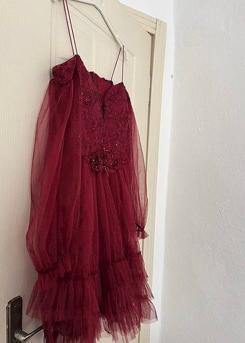 l Beden bordo Renk Bordo İşlemeli V Yaka mini diz üstü Abiye elbise