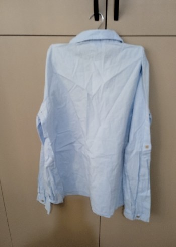 Düğmeli Mavi Keten Kadın Gömlek - Görsel 2