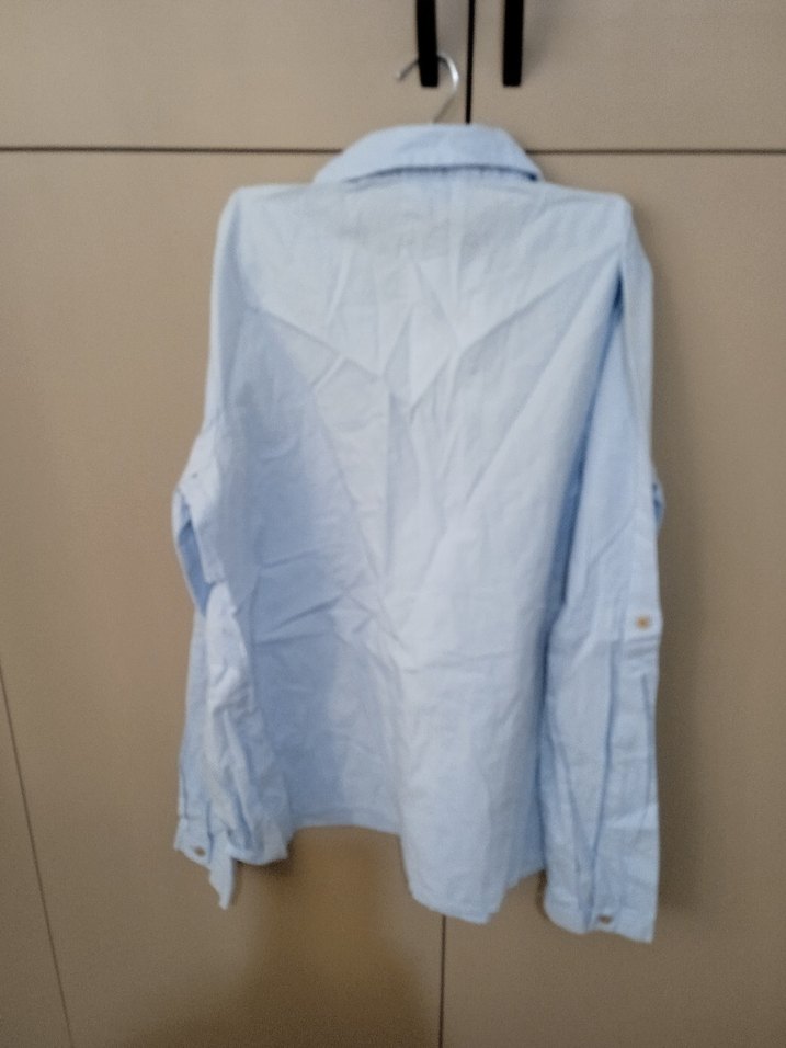 Düğmeli Mavi Keten Kadın Gömlek - Görsel 2