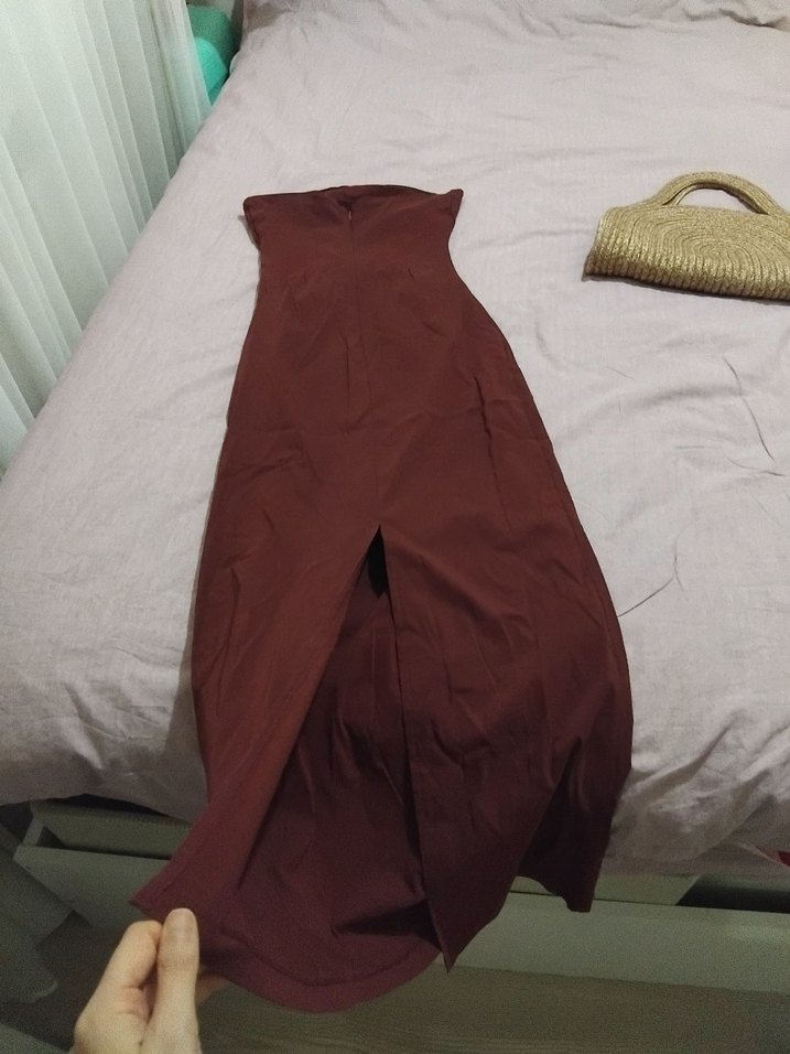 Bordo Straplez Uzun Kadın Elbise - Görsel 4