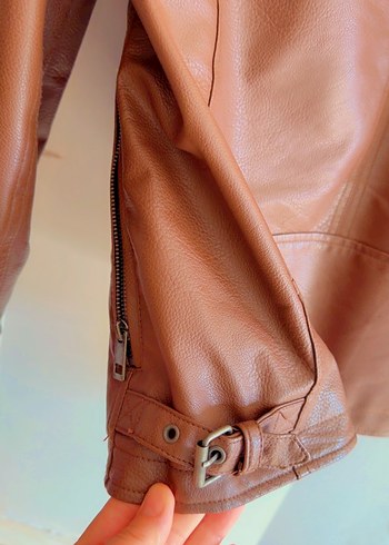 Kahverengi Kadın Deri Biker Ceket - Görsel 3