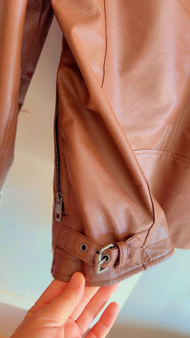 Kahverengi Kadın Deri Biker Ceket - Görsel 3