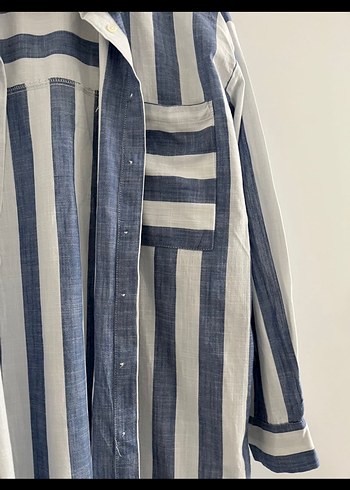 Uzun Kollu Mavi Çizgili Kadın Gömlek - Görsel 4