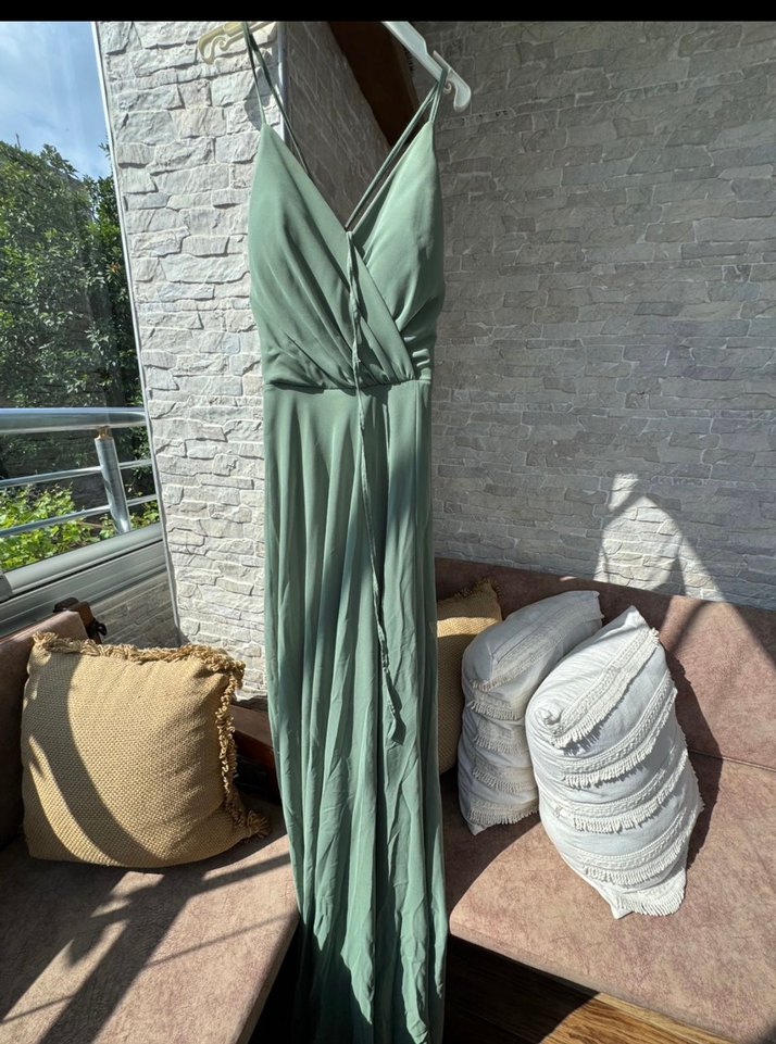 V Yaka Drapeli Uzun Kadın Elbise - Görsel 2