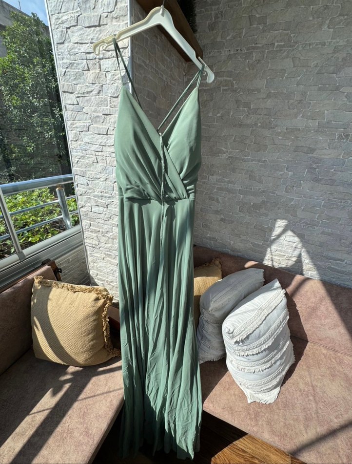 V Yaka Drapeli Uzun Kadın Elbise - Görsel 4