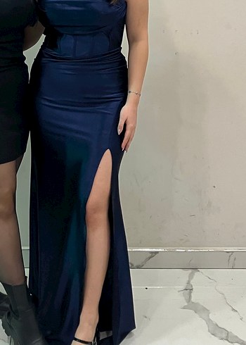 Parlak Lacivert Drapeli Uzun Abiye Elbise - Görsel 5