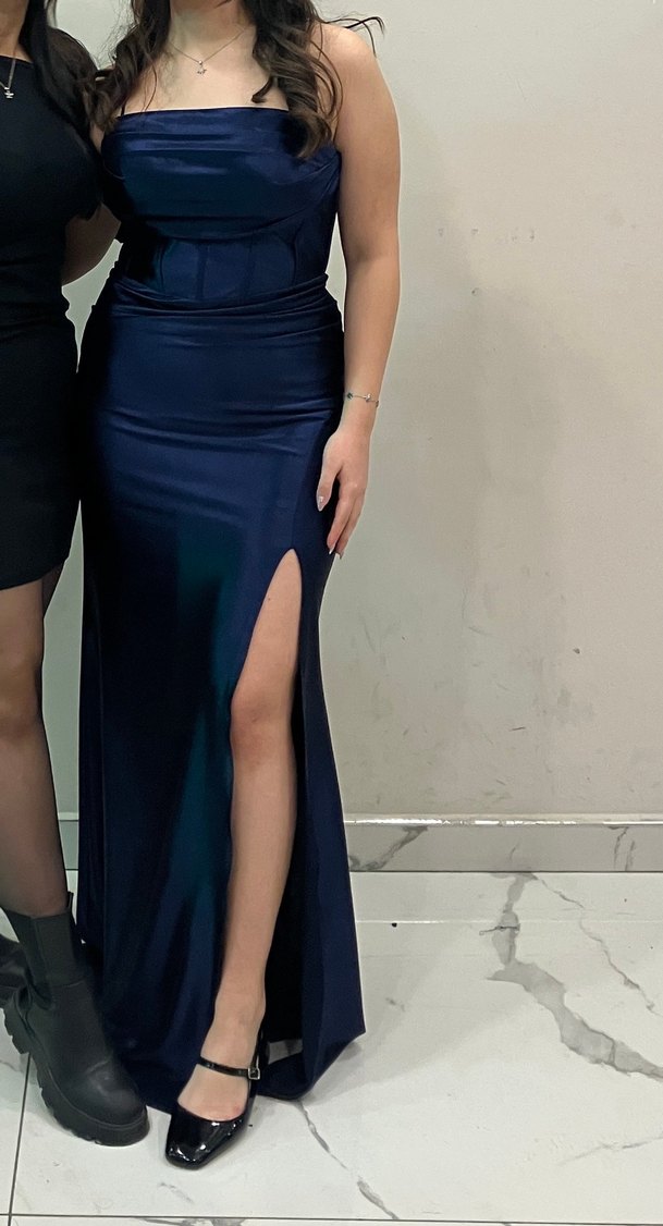 Parlak Lacivert Drapeli Uzun Abiye Elbise - Görsel 5