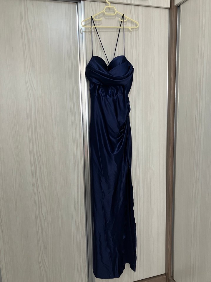 Parlak Lacivert Drapeli Uzun Abiye Elbise - Görsel 2