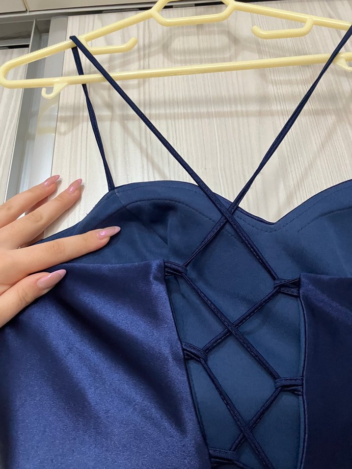 Parlak Lacivert Drapeli Uzun Abiye Elbise - Görsel 4