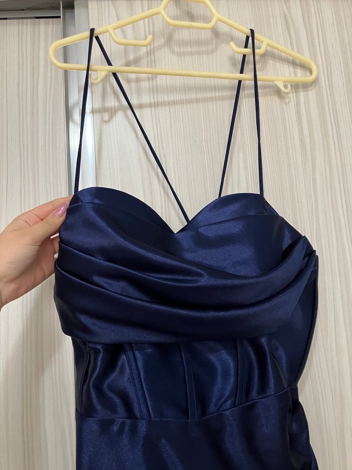 Parlak Lacivert Drapeli Uzun Abiye Elbise - Görsel 3