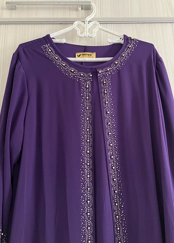 Mor Nakışlı Uzun  Tesettür Büyük Beden Kadın Elbise - Görsel 3