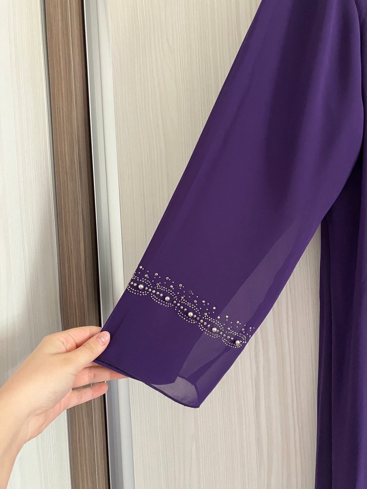 Mor Nakışlı Uzun  Tesettür Büyük Beden Kadın Elbise - Görsel 5