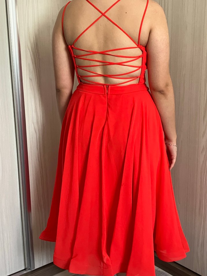 Parlak Kırmızı V Yaka Midi Abiye Elbise - Görsel 4