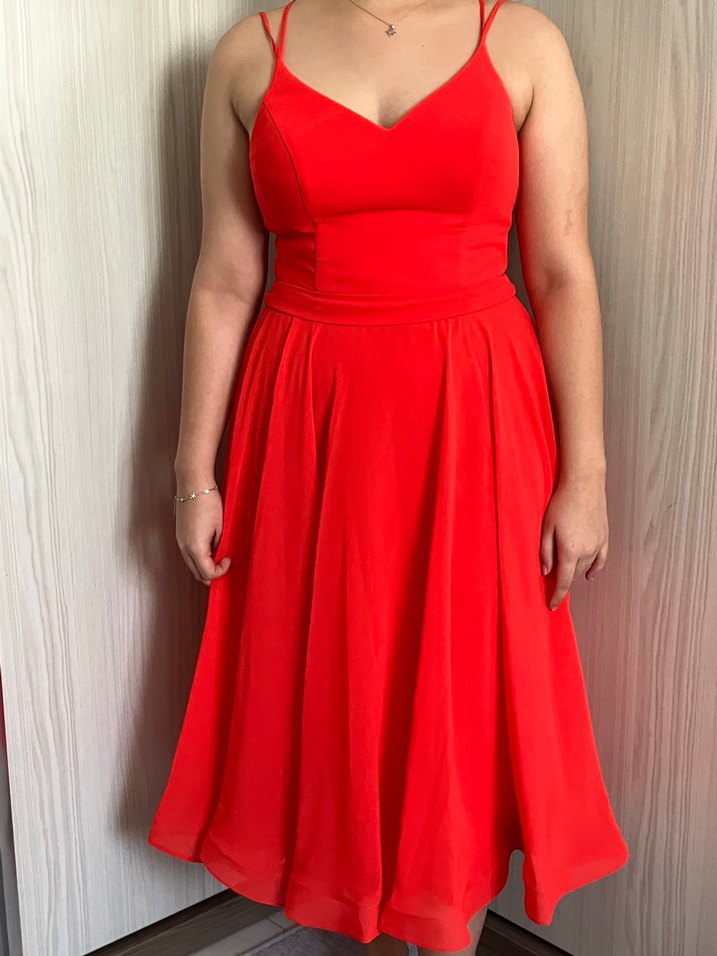 Parlak Kırmızı V Yaka Midi Abiye Elbise - Görsel 3