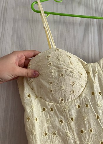 Sarı Nakışlı Mini Straplez Elbise - Görsel 5