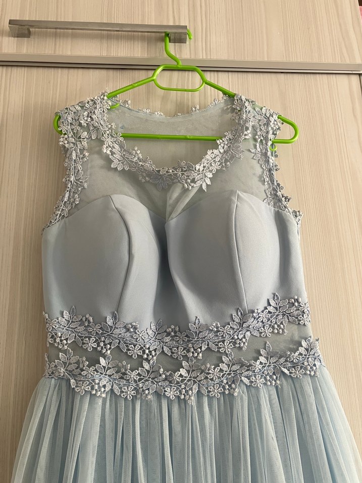 Mavi Nakışlı Midi Abiye Elbise - Görsel 2