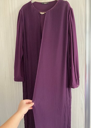 Mor Pileli Uzun Kadın Tesettür Büyük Beden Elbise - Görsel 4
