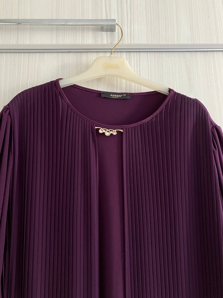 Mor Pileli Uzun Kadın Tesettür Büyük Beden Elbise - Görsel 3