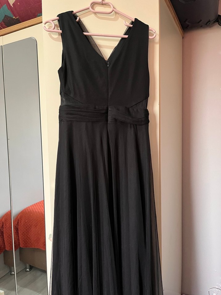 Drapeli V Yaka Siyah Uzun Abiye Elbise - Görsel 3