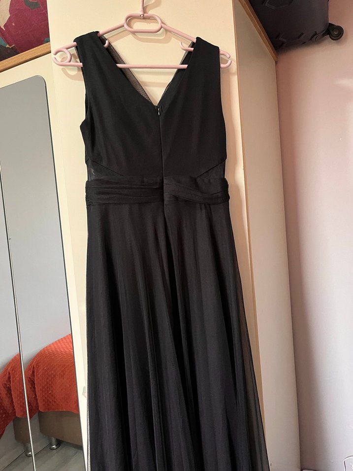 Drapeli V Yaka Siyah Uzun Abiye Elbise - Görsel 2