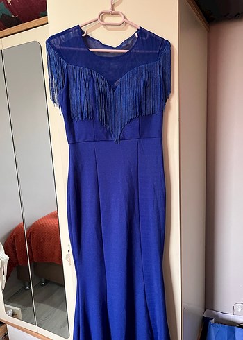 Püsküllü Saks Mavi Balık Elbise - Görsel 2