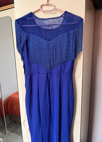 Püsküllü Saks Mavi Balık Elbise - Görsel 3