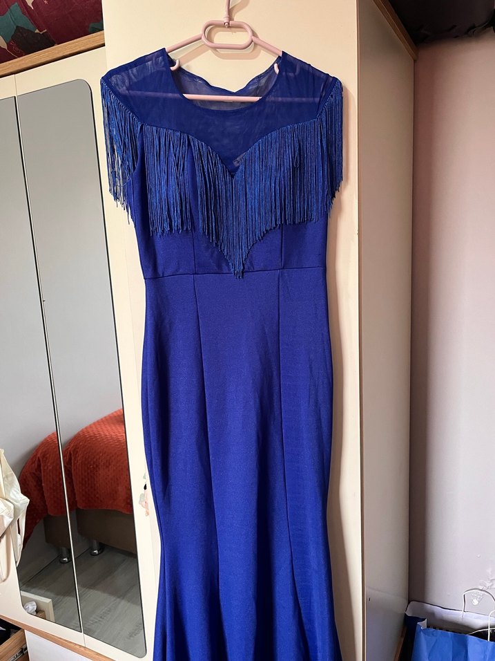 Püsküllü Saks Mavi Balık Elbise - Görsel 2