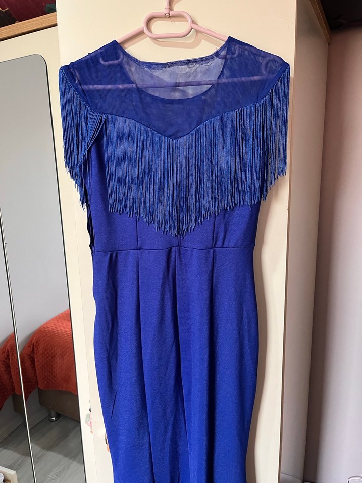 Püsküllü Saks Mavi Balık Elbise - Görsel 3