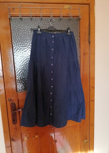 Düğmeli Lacivert Uzun Keten Etek